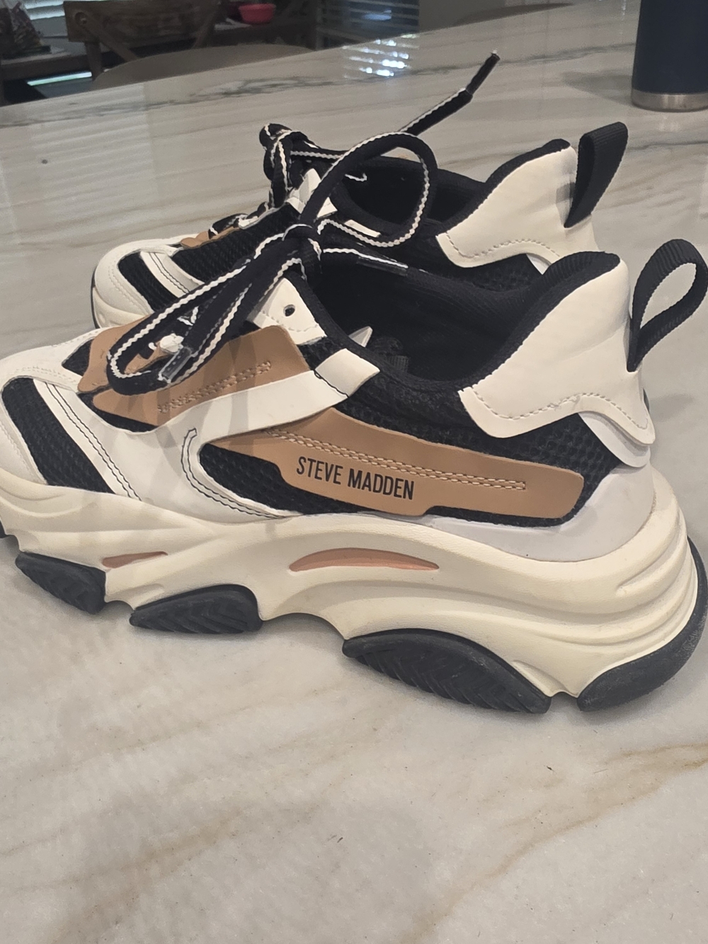 Steve Madden White Black & Tan Chunky Lace-Up Sneakers